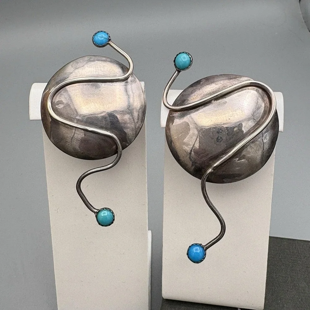 Vintage M.E. Friedman Clip On Earrings Sterling Silver Modernist Turquoise